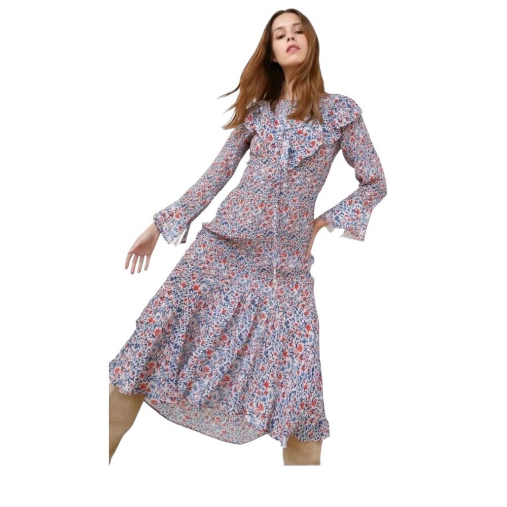 Guadalupe Fey Floral Midi Dress Ruffle Tie Waist Viscose M NWT